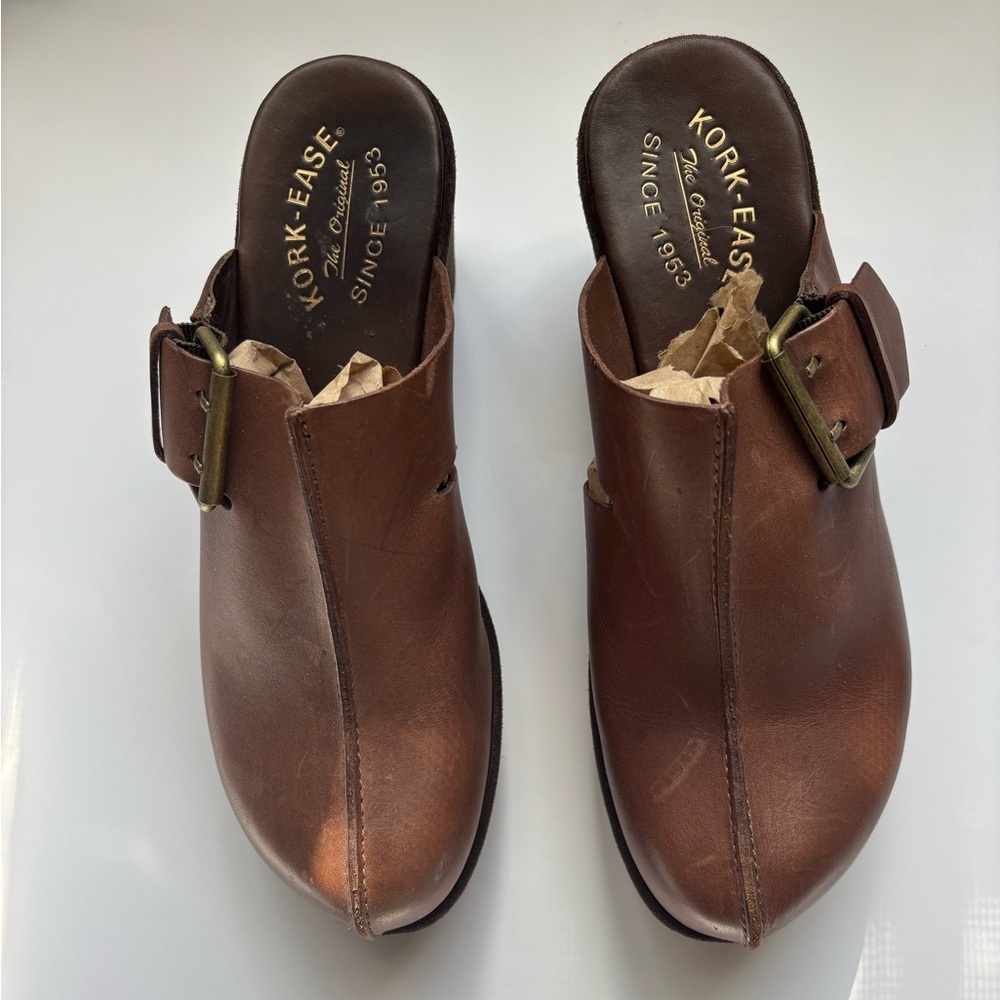 Kork-Ease Zamora Wedge Platform Clogs Brown Leather/Suede Combo Gold Buckle